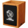 Houten potloodhouder met oplichtend logo en dubbele USB-uitgang