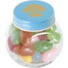 Kleine glazen pot gevuld met ca. 40 gr. jelly beans gekleurd deksel